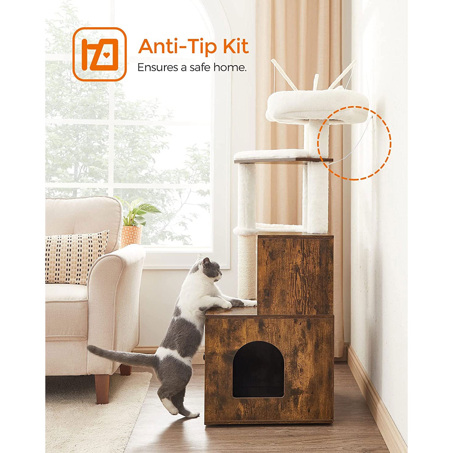 Cat Tree – Engineered Wood – Cloud White – 2-in-1 Design with Litter Box Enclosure and Scratching Posts